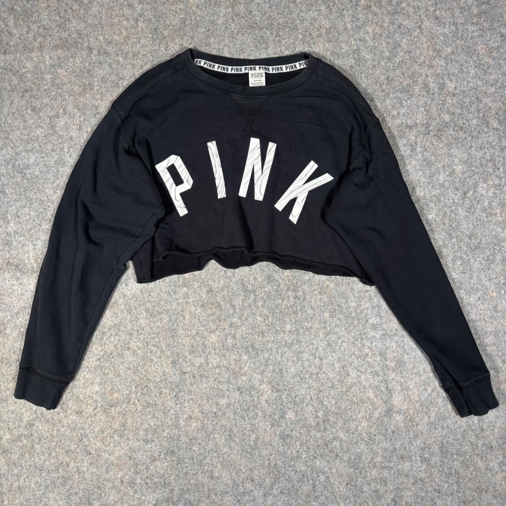 PINK Victoria's Secret‎ Cropped Sweatshirt Womens L Black Marbled Logo Pullover